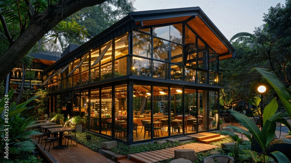 Modern cafe building with large glass windows, evening lights, surrounded by lush greenery. Modern cafe building with large glass windows, evening lights, surrounded by lush greenery.