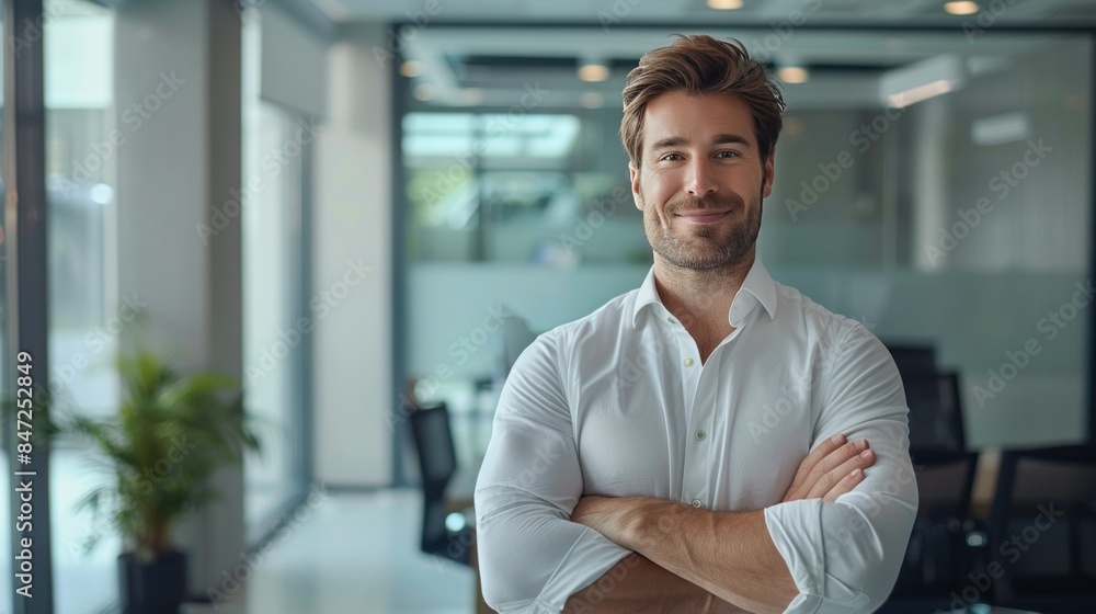 Portrait of a cheerful businessman with folded arms standing in a conference room. Happy young businessman in shirt looking Portrait of a cheerful businessman with folded arms standing in a conference room. Happy young businessman in shirt looking