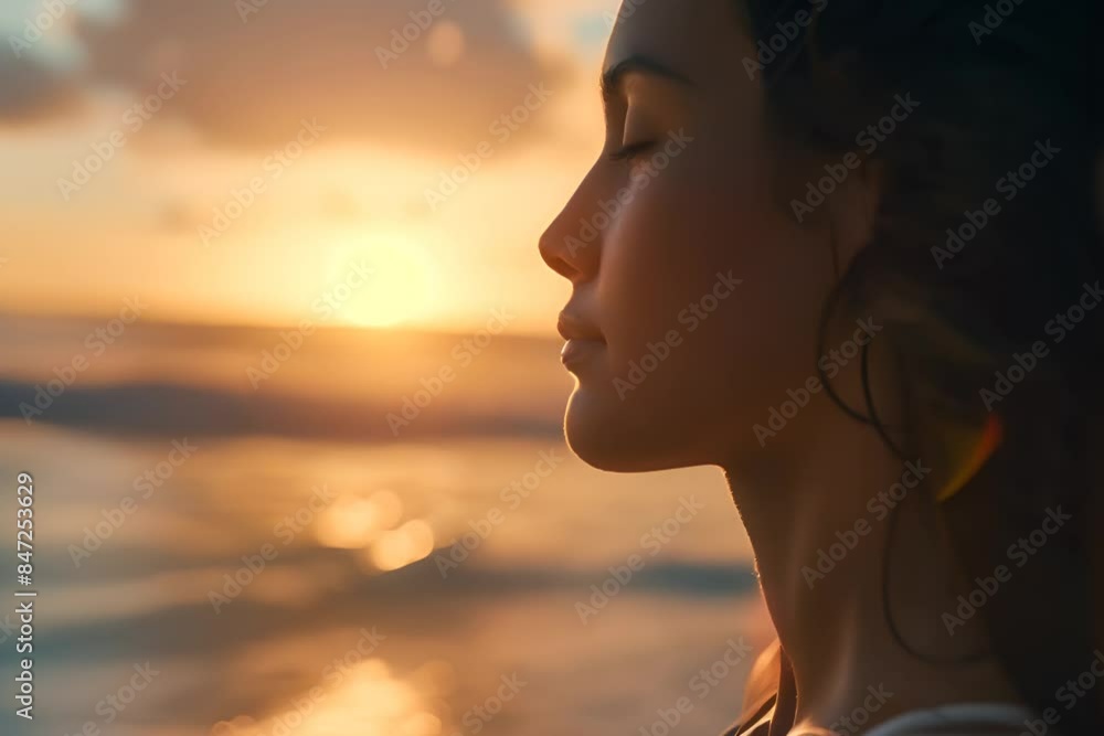 Woman meditates on a beach at sunset, feeling calm and relaxed with eyes closed, embracing freedom and mindfulness Woman meditates on a beach at sunset, feeling calm and relaxed with eyes closed, embracing freedom and mindfulness