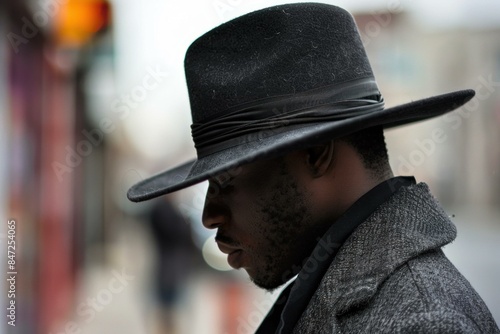 Stylish man wearing a black hat standing on a city street © ylivdesign