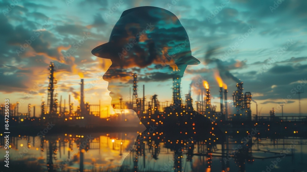 Silhouette of a Worker Against an Industrial Sunset Silhouette of a Worker Against an Industrial Sunset