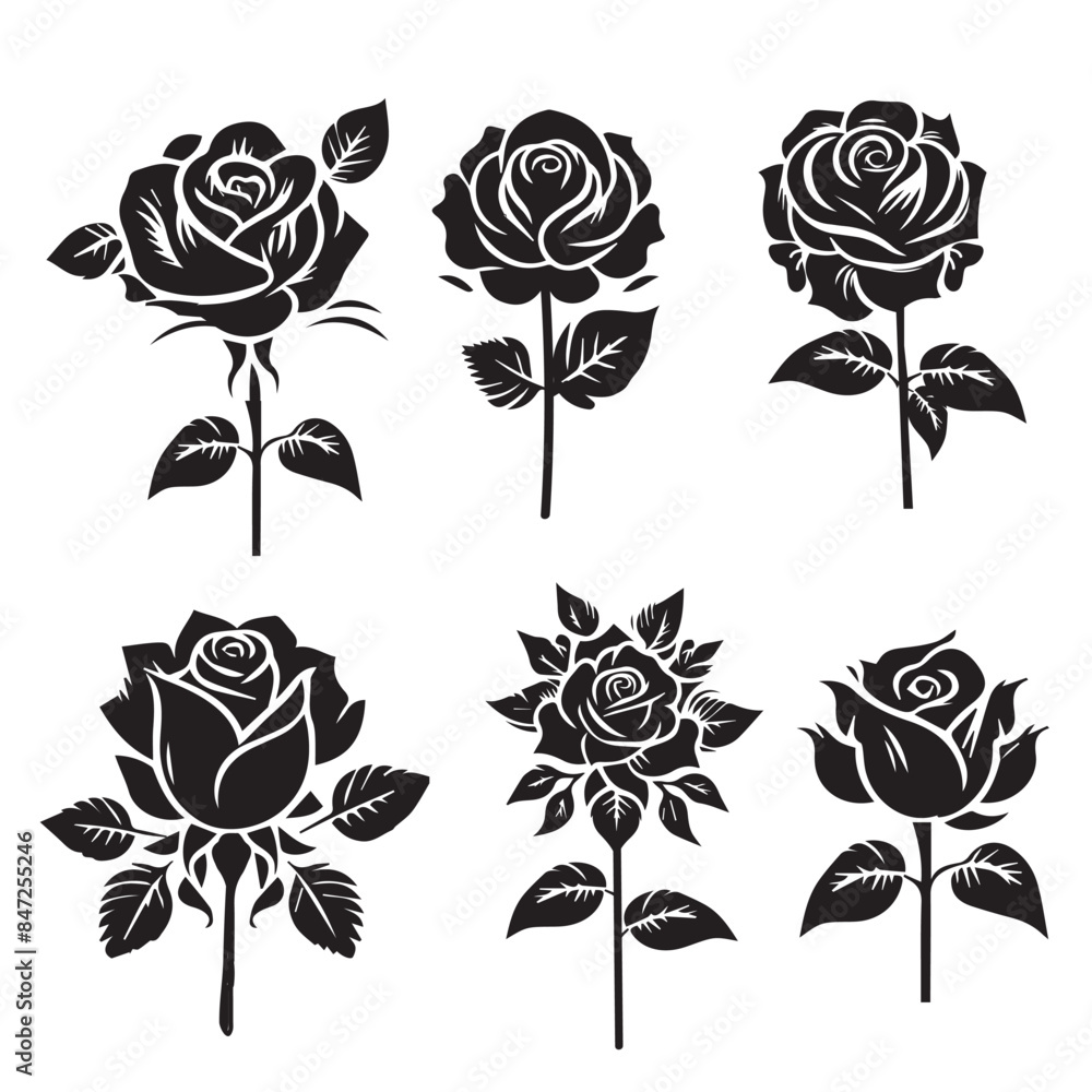 set of roses flowers,Vector illustration silhouette icon on a white background. set of roses flowers,Vector illustration silhouette icon on a white background.