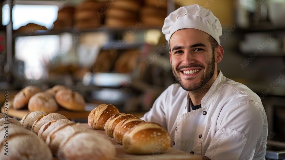 A cheerful man in a chef's uniform is holding up bread rolls on a wooden board in a bakery kitchen A cheerful man in a chef's uniform is holding up bread rolls on a wooden board in a bakery kitchen