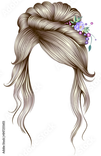 women's elegant curly hairs with flower decoration. blonde colors.