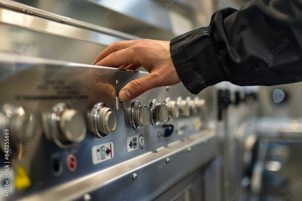 Advanced Dry Cleaning Technology: Close-Up of Technician Adjusting Modern Dry Cleaning Machine Settings Advanced Dry Cleaning Technology: Close-Up of Technician Adjusting Modern Dry Cleaning Machine Settings