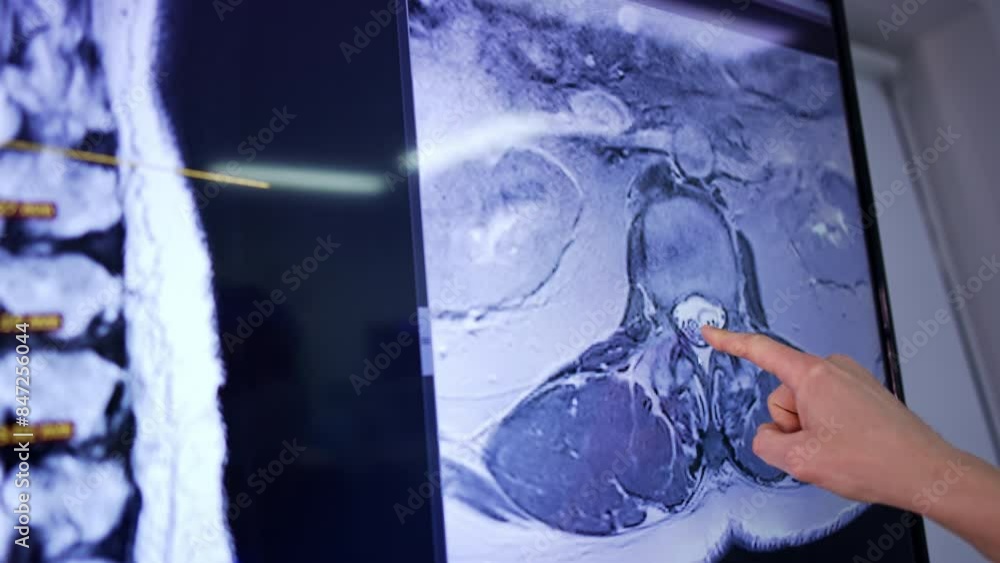 Male doctor's hand pointing at the MRI scan of a patient. Surgeon ...