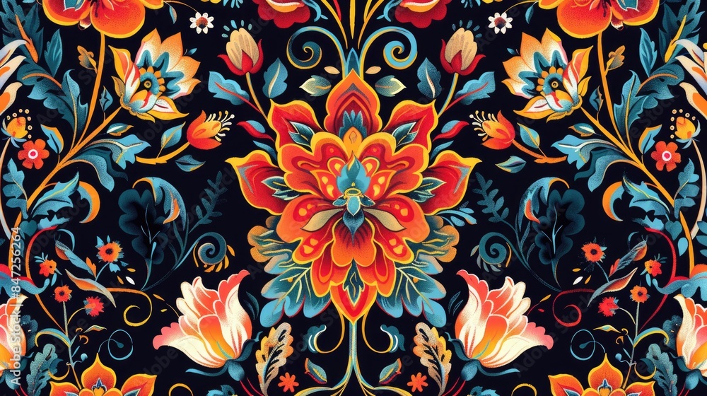Floral Ethnic Textile Design Pattern with Vibrant Ornamental Base Floral Ethnic Textile Design Pattern with Vibrant Ornamental Base