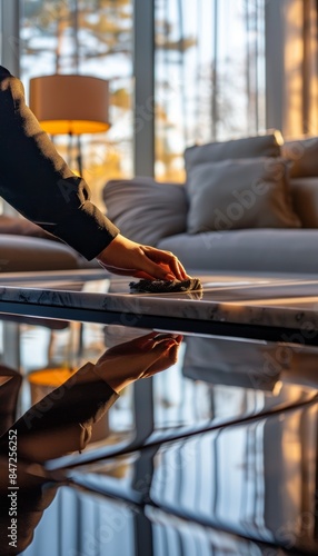 Professional Hotel Housekeeping Cleaning a Modern Coffee Table with Soft Lighting and Stylish Decor
