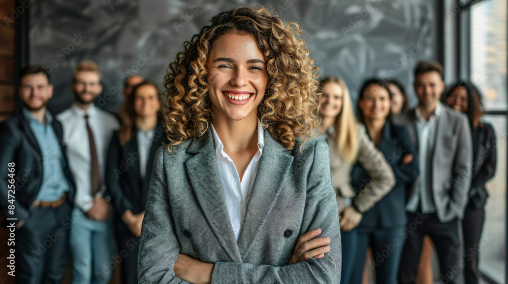 Professional woman in a suit smiling with a diverse team in the background Professional woman in a suit smiling with a diverse team in the background