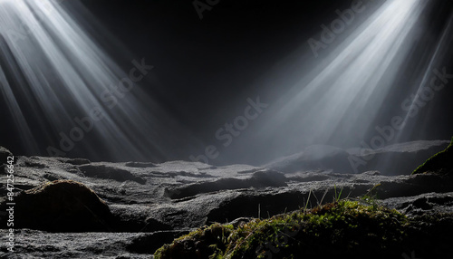 Scary landscape with rocks, moss and dramatic light. Decorative dark background Halloween holiday photo