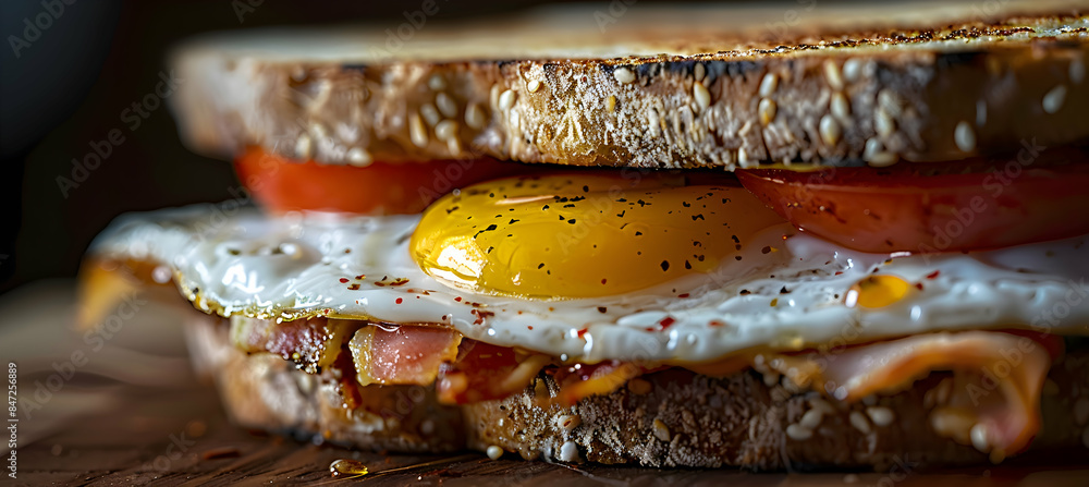 A close-up of a fast food breakfast sandwich, showcasing the layers of ingredients and textures A close-up of a fast food breakfast sandwich, showcasing the layers of ingredients and textures