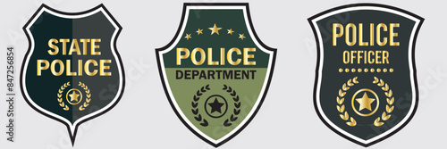 Police badges set vector. Sheriff, marshal label illustrations. Law enforcement emblems for national days. Ranger, policeman medallions.