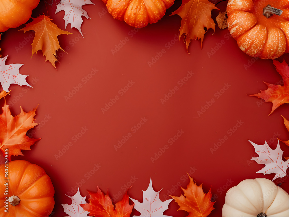 Fototapeta premium Autumn pumpkins and leaves frame with copy space on red background. Good for thanksgiving, harvest, autumn concept