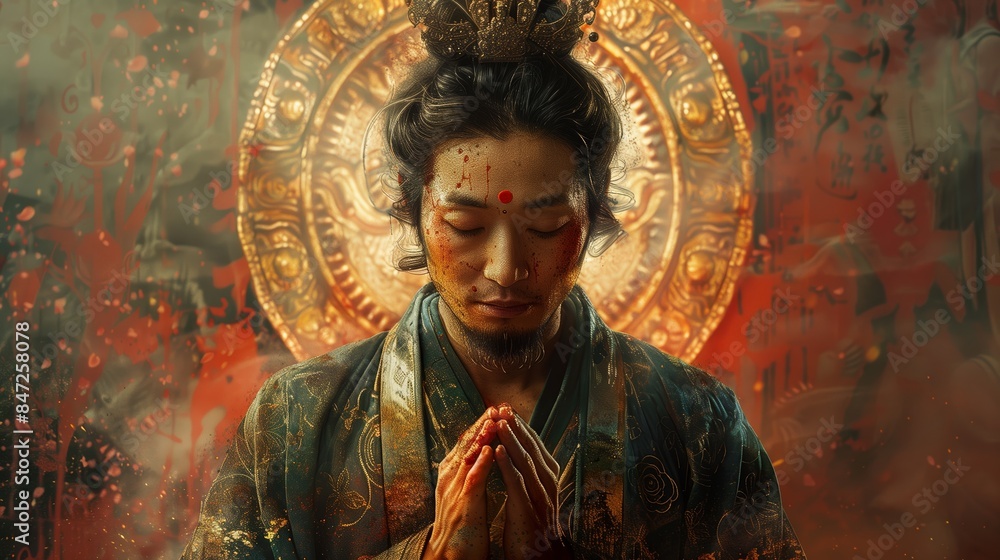 Fototapeta premium Tranquil Buddha Statue In A Chinese Temple Garden At Dusk