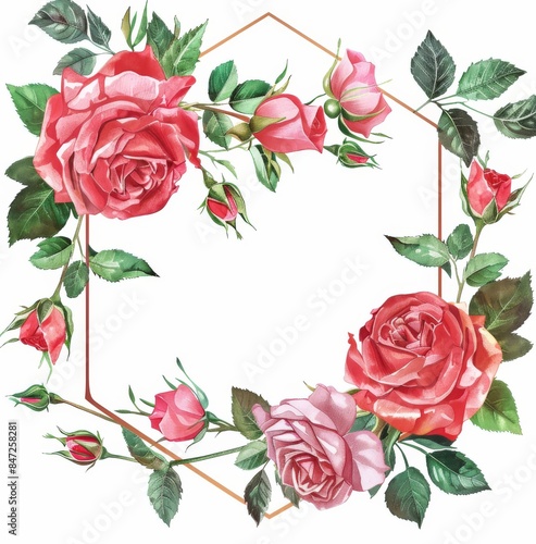Hexagonal frame with pink and red roses in the style of watercolor  © Cetin