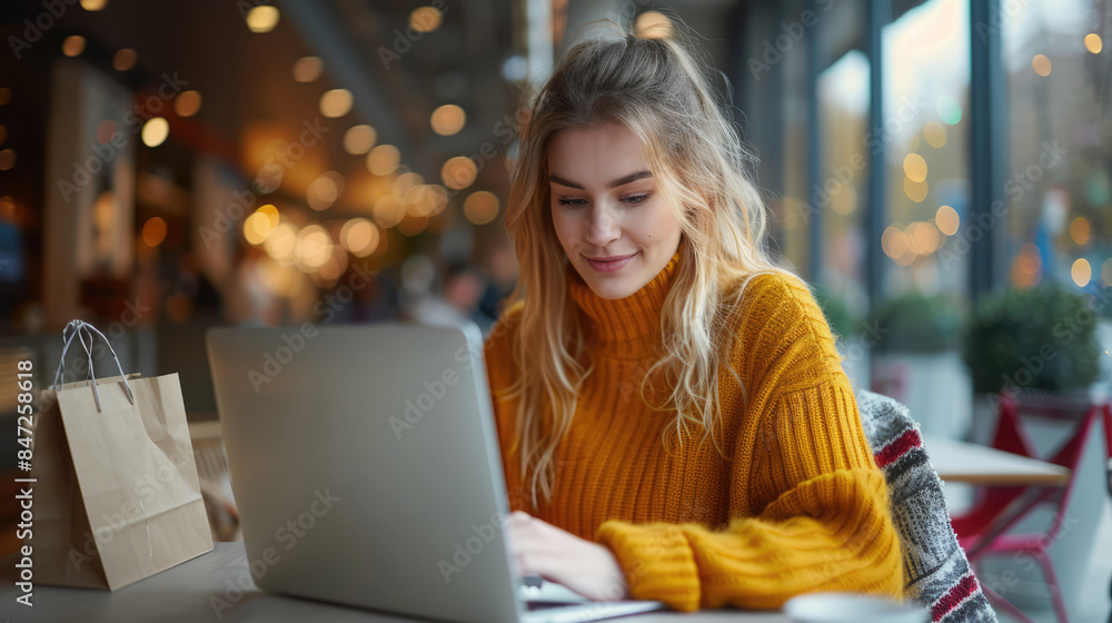 A person using a laptop to shop online, with a coffee cup and shopping bags in the background A person using a laptop to shop online, with a coffee cup and shopping bags in the background