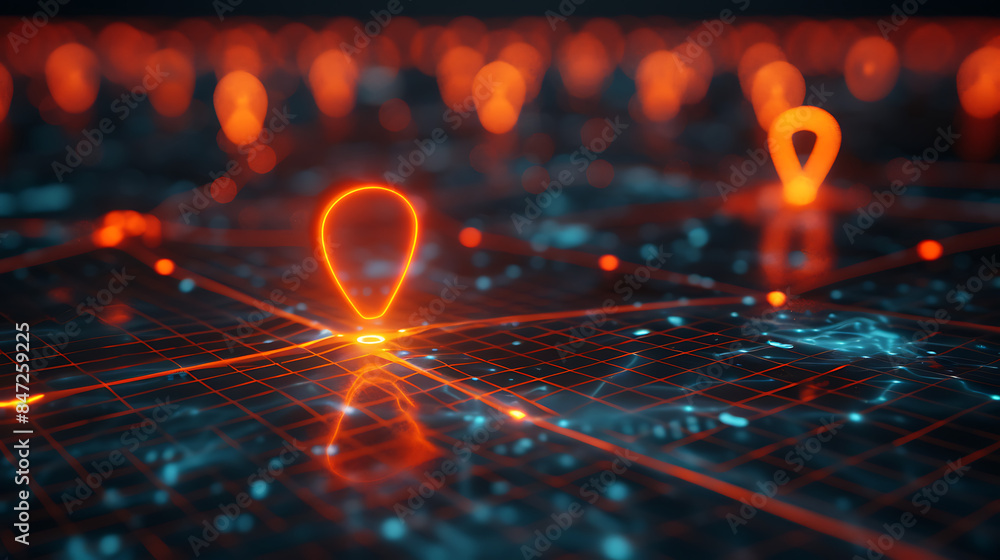 a three-dimensional digital map with a glowing orange pin indicating a location. The background features similar pins at various distances, creating a sense of depth a three-dimensional digital map with a glowing orange pin indicating a location. The background features similar pins at various distances, creating a sense of depth