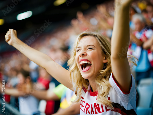 Mujer alemana en estadio de fútbol festejando triunfo photo