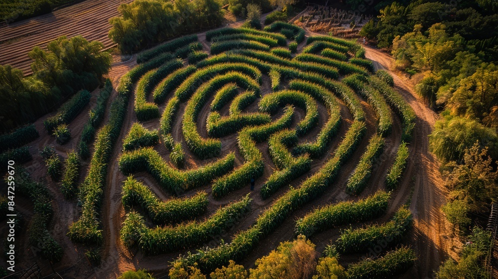 Aerial Photo of Lush Corn Maze in Sunlit Field Surrounded by Trees Aerial Photo of Lush Corn Maze in Sunlit Field Surrounded by Trees