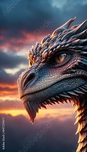 Majestic dragon head against a vibrant sunset sky.