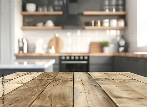 Empty wooden table top with a blurred kitchen interior background for product display, photographed in a photorealistic style