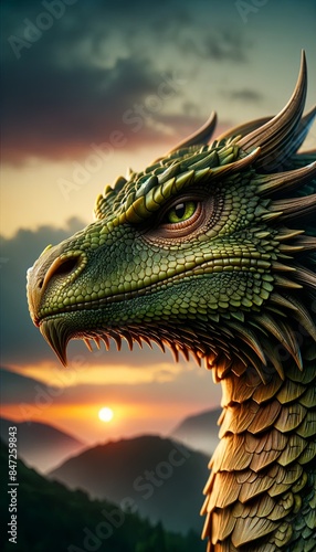 Majestic dragon heads into sunset, fantasy concept.