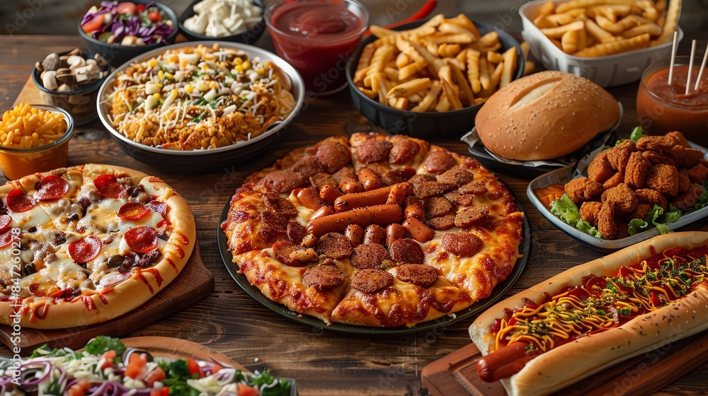 A feast of various fast food items spread out on a wooden table, including pizza, hot dogs, fried chicken, and dips A feast of various fast food items spread out on a wooden table, including pizza, hot dogs, fried chicken, and dips