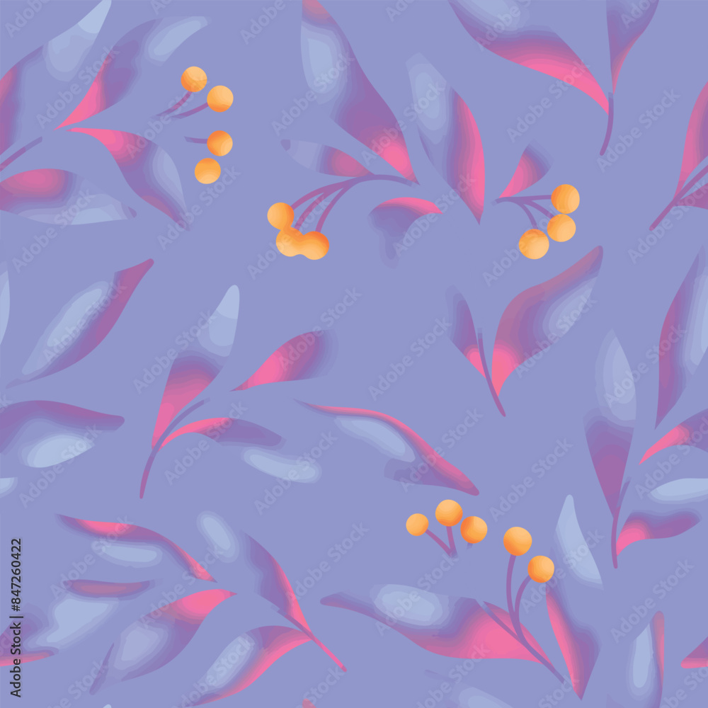 Seamless floral pattern, abstract flower print in bright retro motif. Artistic botanical design: hand drawn small berries, purple leaves, branches, large foliage. Vector illustration. Seamless floral pattern, abstract flower print in bright retro motif. Artistic botanical design: hand drawn small berries, purple leaves, branches, large foliage. Vector illustration.