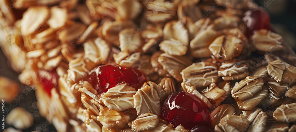 A close-up of a fast food granola bar, showcasing the texture and ingredients A close-up of a fast food granola bar, showcasing the texture and ingredients