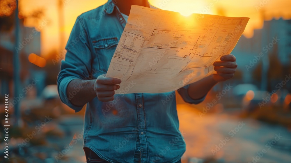 Man Examining Construction Plans at Sunset Man Examining Construction Plans at Sunset