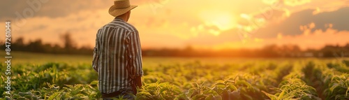 Farmer in field, straw hat, sunlit, green plants, working photo