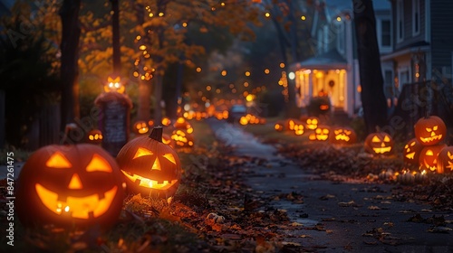 Enchanting Halloween Night in a Glowing Pumpkin-Lit Neighborhood