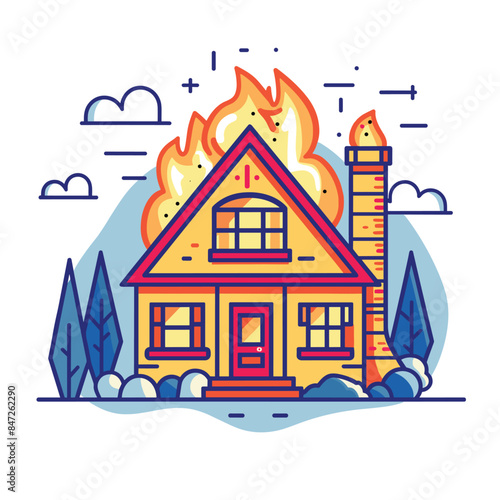 House fire, vibrant colors, emergency situation illustration. Burning home, flames engulfing roof chimney, disaster scene. Safety hazard, residential inferno, urgent help needed