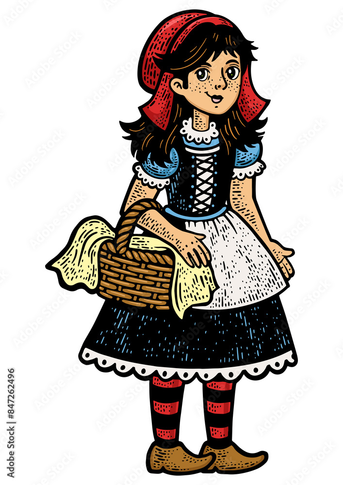 Fototapeta premium Little Red Riding Hood girl character color sketch engraving PNG illustration. T-shirt apparel print design. Scratch board imitation. Black and white hand drawn image.