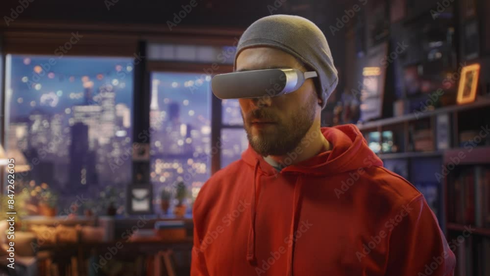 VR Developer Analyzing Holographic Data in Apartment Using Headset Technology Innovation Development AR Gaming VR Developer Analyzing Holographic Data in Apartment Using Headset Technology Innovation Development AR Gaming
