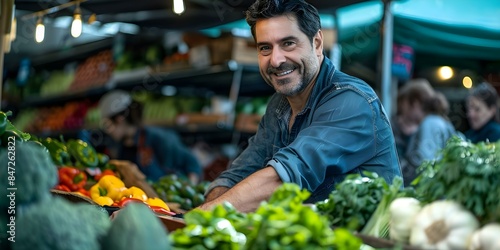 Man joyfully browsing produce at a farmers market. Concept Outdoor Photoshoot, Joyful Portraits, Farmers Market, Fresh Produce, Healthy Lifestyle © Ян Заболотний
