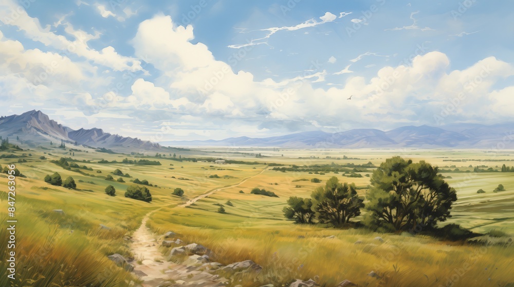 Scenic Landscape with a Grassy Path Leading through a Wide Open Field to Distant Mountains under a Clear Blue Sky Scenic Landscape with a Grassy Path Leading through a Wide Open Field to Distant Mountains under a Clear Blue Sky