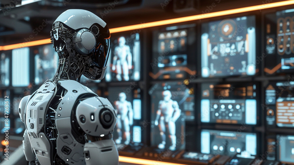 robot artificial intelligence successful business. AI robot working with graph chart hologram floating in front robot artificial intelligence successful business. AI robot working with graph chart hologram floating in front
