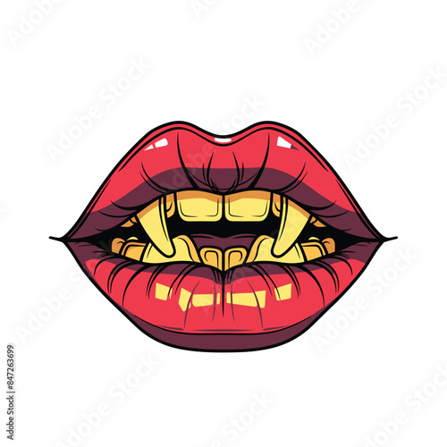 Red lips parted revealing gold teeth stylized drawing. Cartoon style image presents bold lipstick shiny golden teeth. Isolated white background focus mouth dental gold