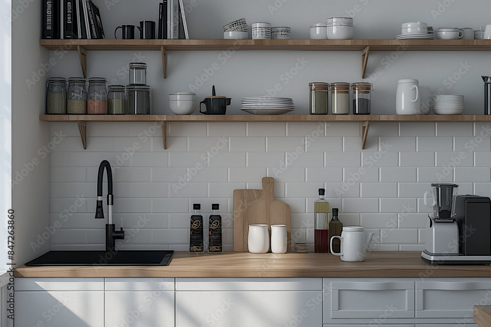 A kitchen with white cabinets and a wooden countertop, open shelves on the wall, a black sink in one of them, some books, a water bottle, a coffee pot and other cooking accessories on the countertop A kitchen with white cabinets and a wooden countertop, open shelves on the wall, a black sink in one of them, some books, a water bottle, a coffee pot and other cooking accessories on the countertop