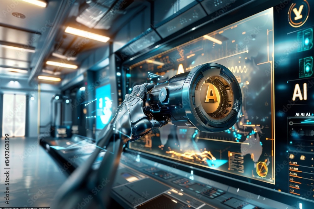 Fototapeta premium High Tech AI Research Laboratory with Advanced Robotics and Digital Interface