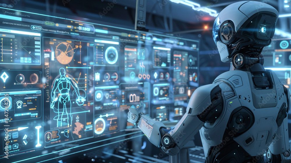 robot artificial intelligence successful business. AI robot working with graph chart hologram floating in front robot artificial intelligence successful business. AI robot working with graph chart hologram floating in front