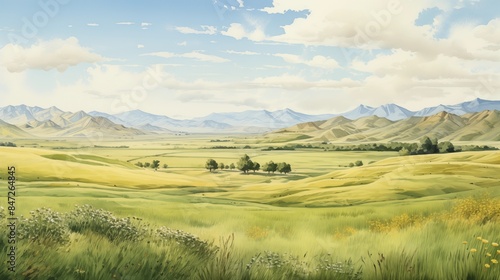 A picturesque landscape with rolling green hills, distant mountains, and a clear blue sky.