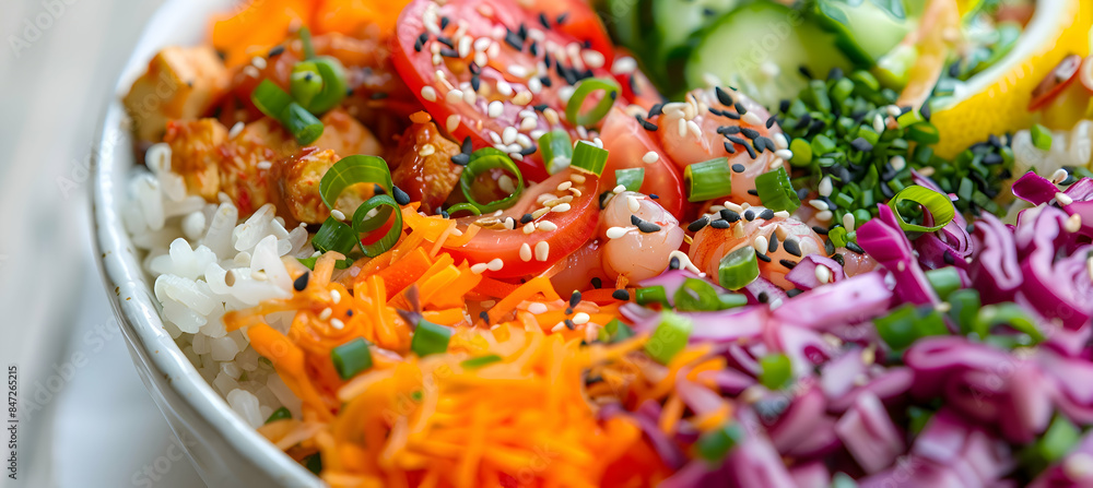 A close-up of a fast food rice bowl, showcasing the fresh ingredients and textures A close-up of a fast food rice bowl, showcasing the fresh ingredients and textures