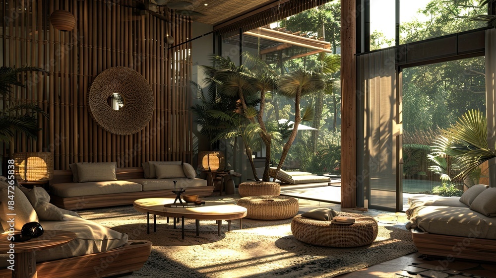 Fototapeta premium Bamboo Beach Villa Interior Reference. AI generated art illustration.