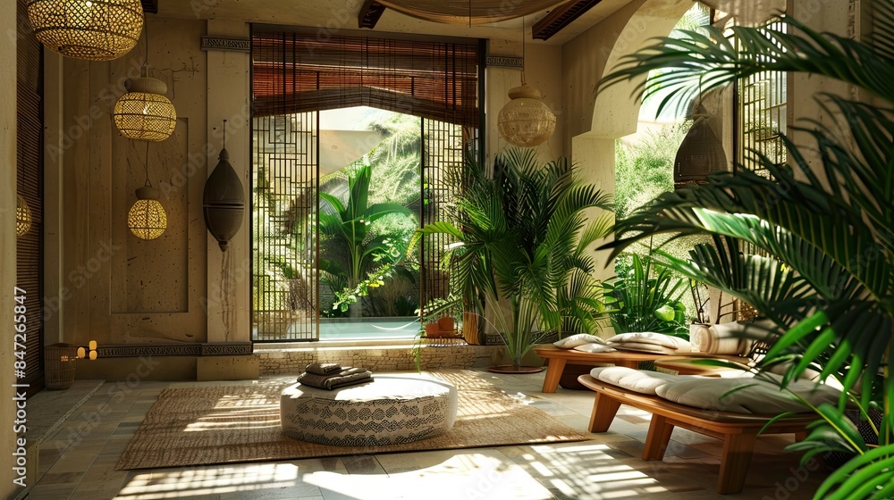 Fototapeta premium Bamboo Beach Villa Interior Reference. AI generated art illustration.