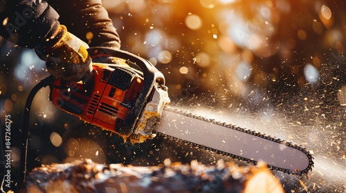 Chainsaw cutting through timber, with sawdust swirling in warm light photo