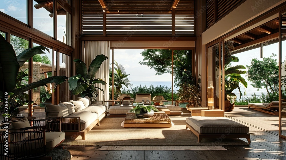 Fototapeta premium Bamboo Beach Villa Interior Reference. AI generated art illustration.
