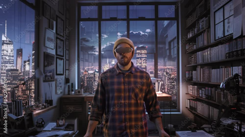 Man in VR Headset Working Late in Urban Office Cutting-Edge Tech Night View Man in VR Headset Working Late in Urban Office Cutting-Edge Tech Night View