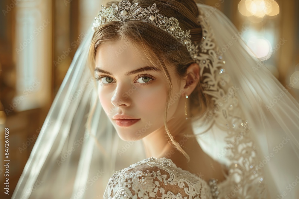 A young woman wearing an intricate lace wedding dress with pearl and diamond tiara on her head A young woman wearing an intricate lace wedding dress with pearl and diamond tiara on her head
